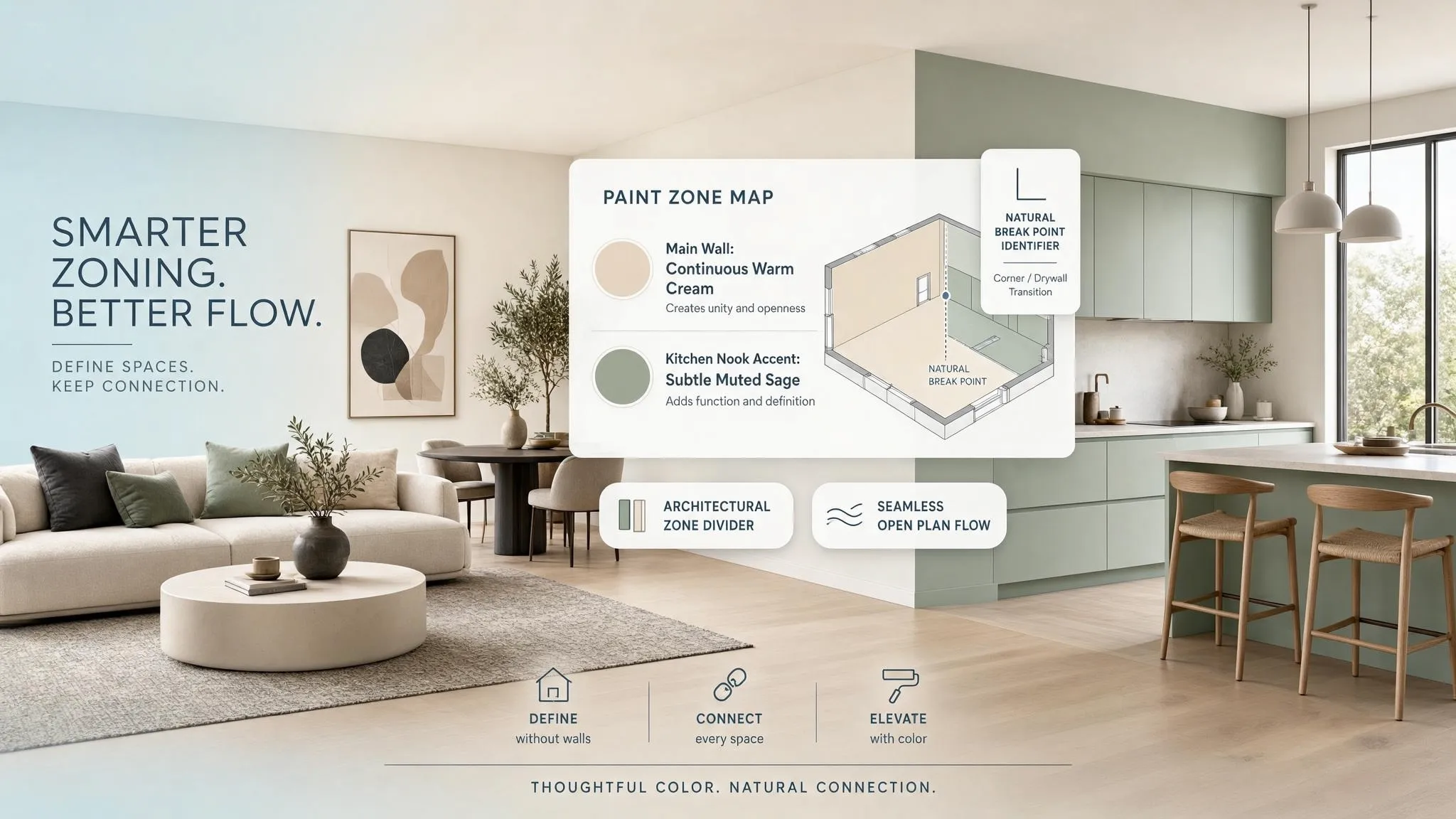 Open concept paint zoning floor plan map showing color transitions