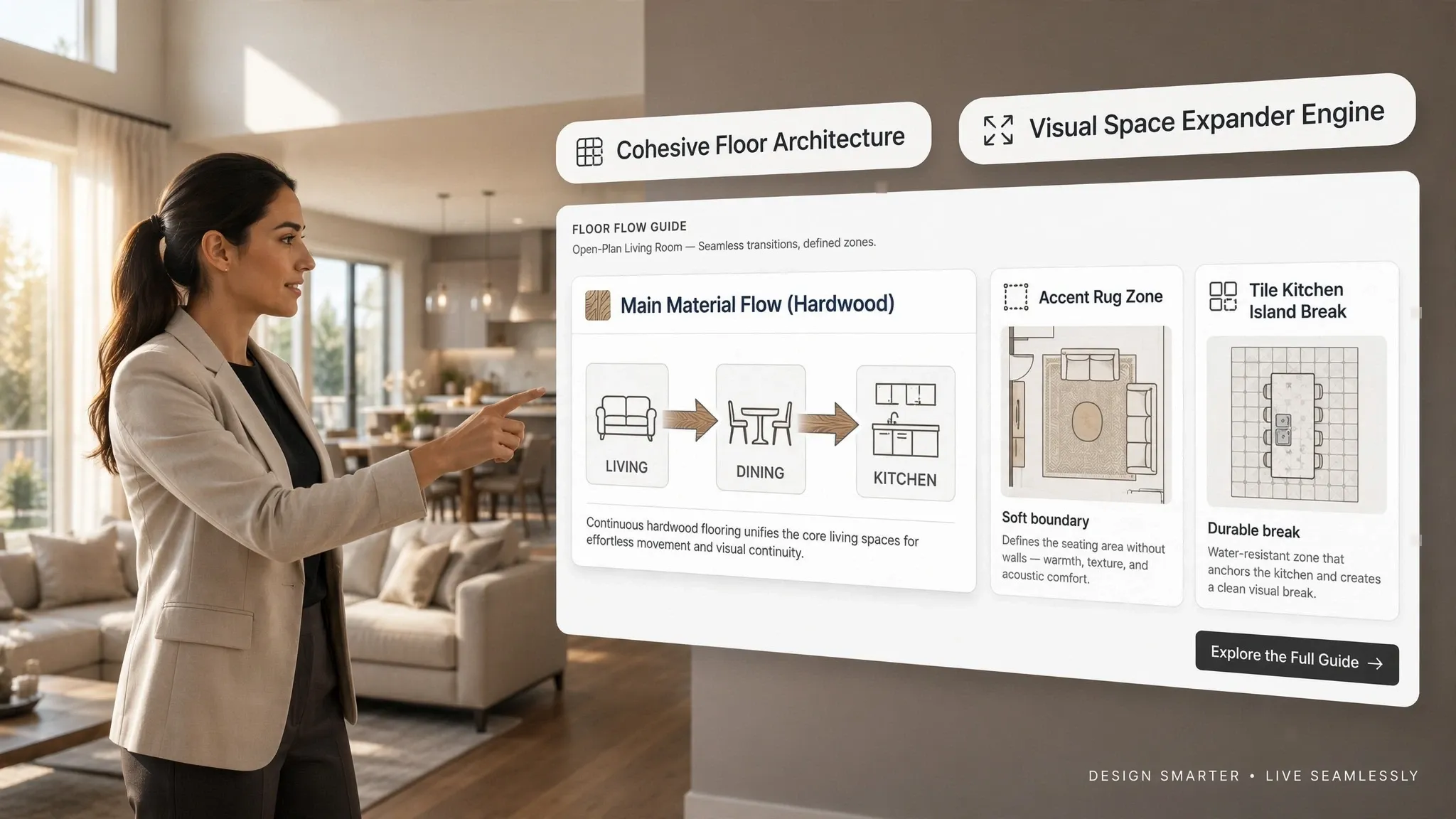 Open plan flooring flow architecture mapping out a complete home layout plan