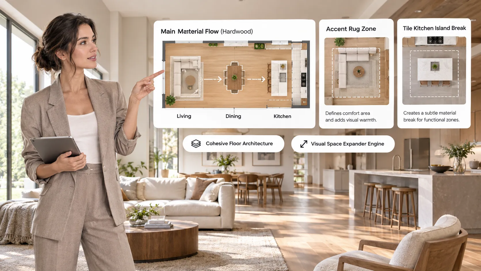 Open plan flooring zone layout showing seamless tile transitions in living spaces