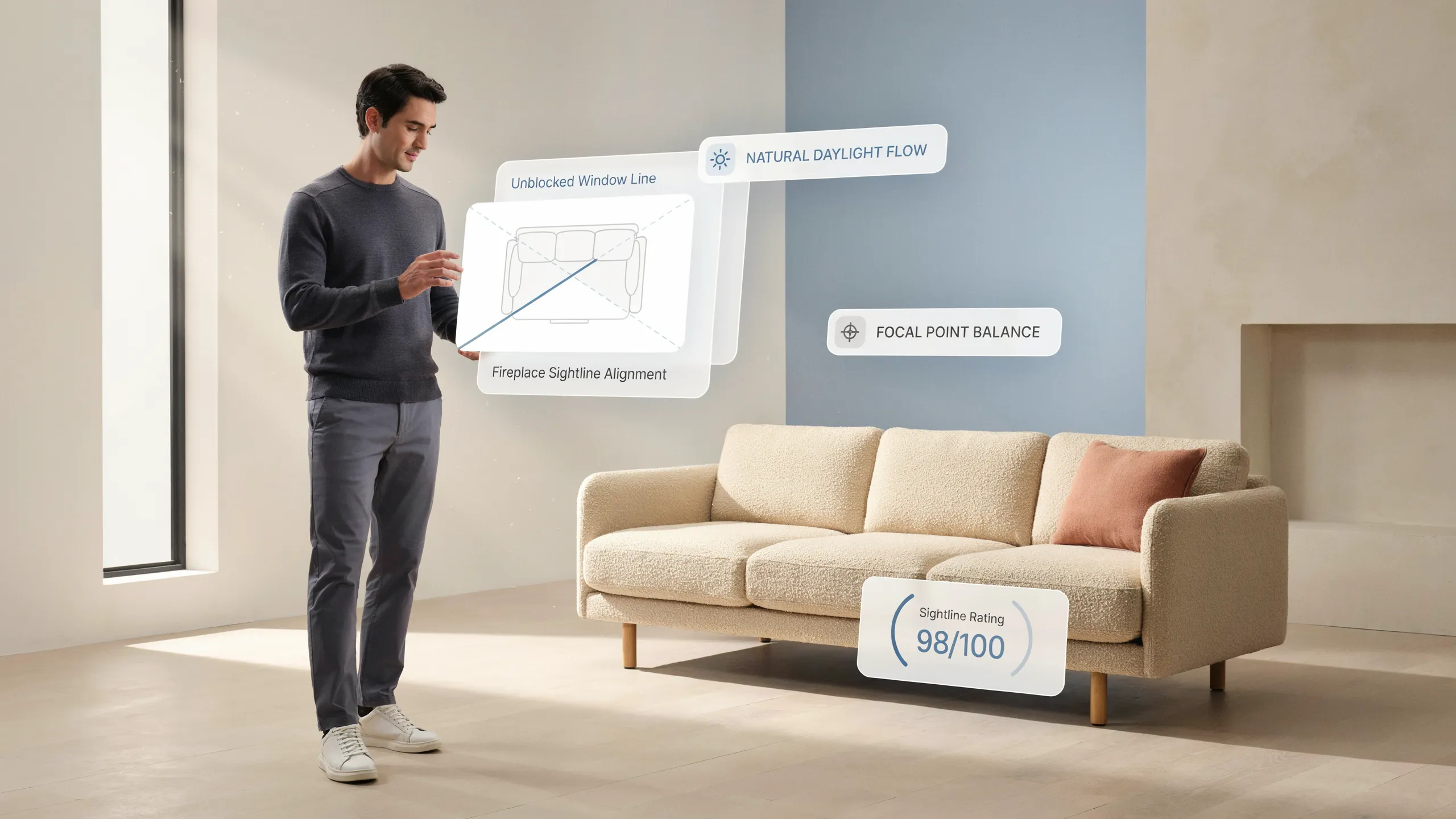 Digital tool showing open plan sofa alignment before physically moving furniture