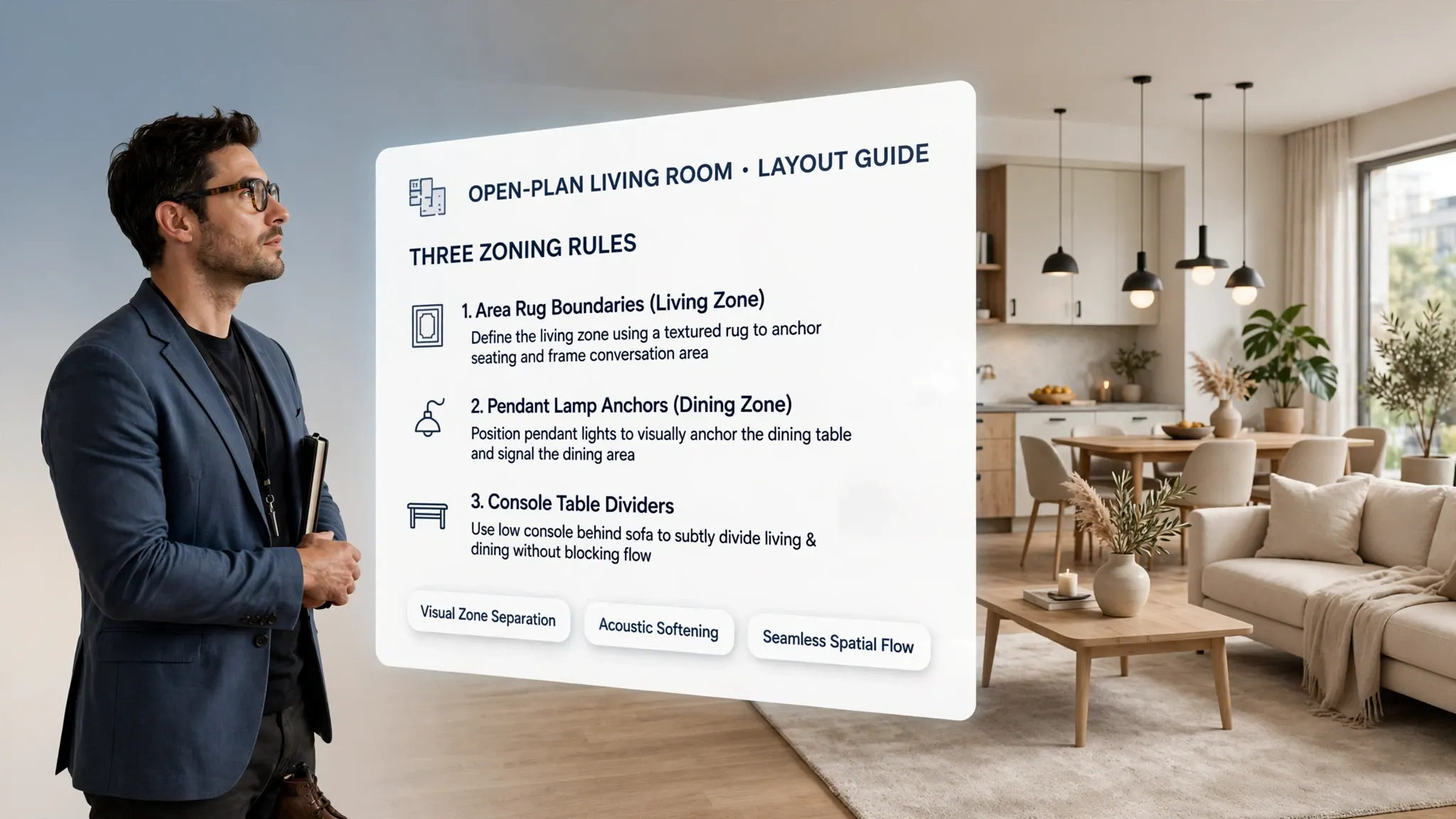 Large open plan living room zoning rules separating lounge and dining areas