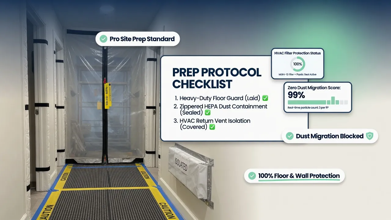 Prepare house renovation dust containment protecting living areas during demolition phase