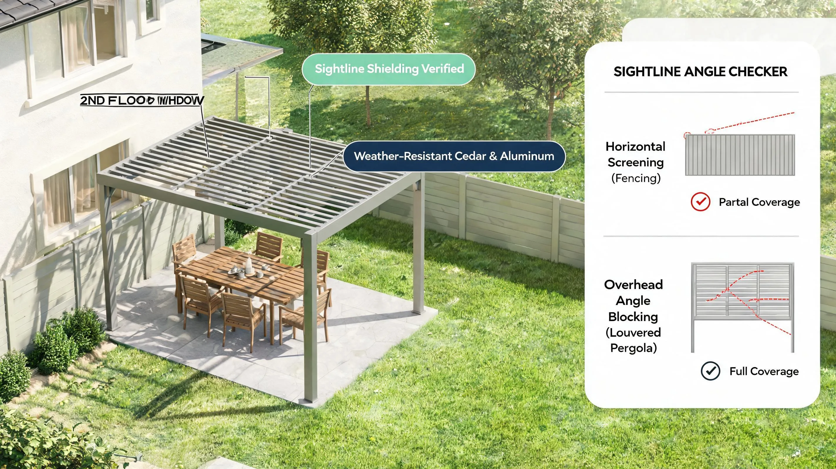 Private backyard louvered pergola screen blocking upstairs windows without building a wall