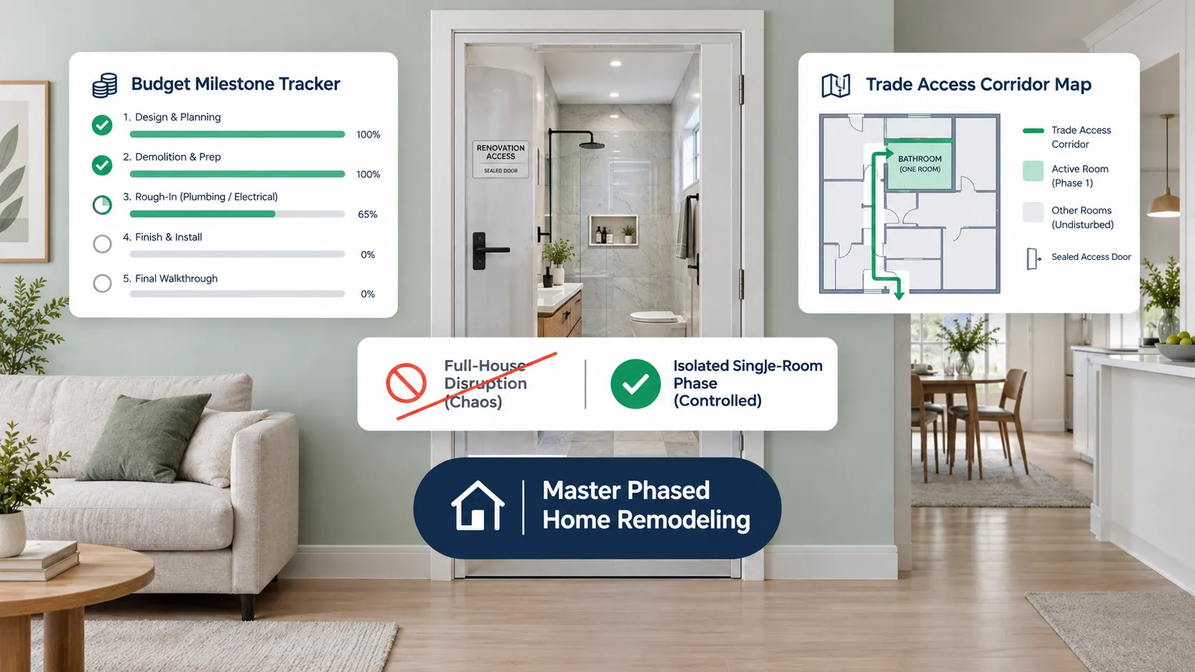 Renovate one room at a time isolated phase setting a budget for each room without losing track of the total