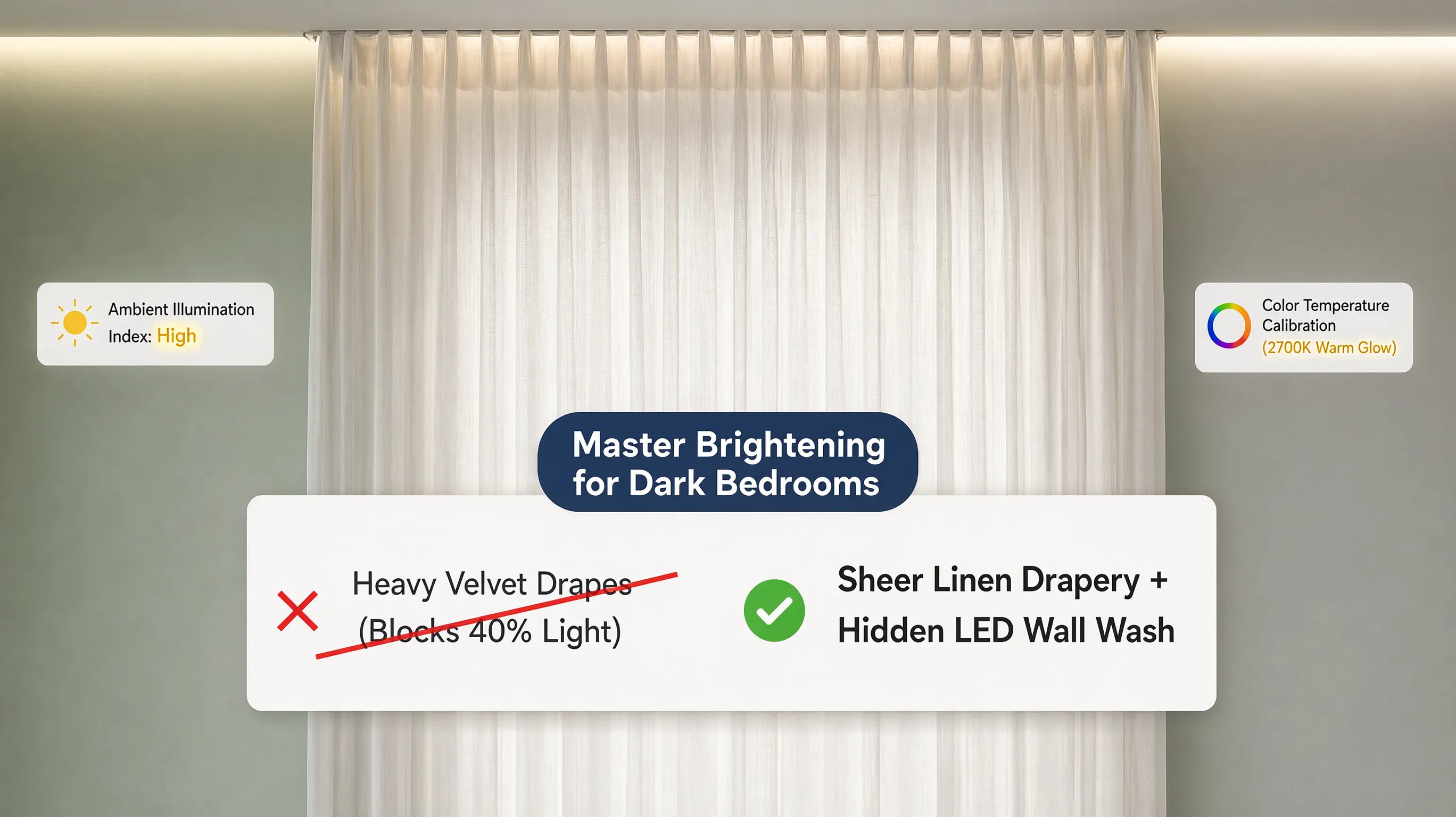Warm greige bedroom walls paired with sheer drapery and hidden LED wall wash lighting, demonstrating how balanced neutral undertones radiate soft warmth without turning yellow in low natural light