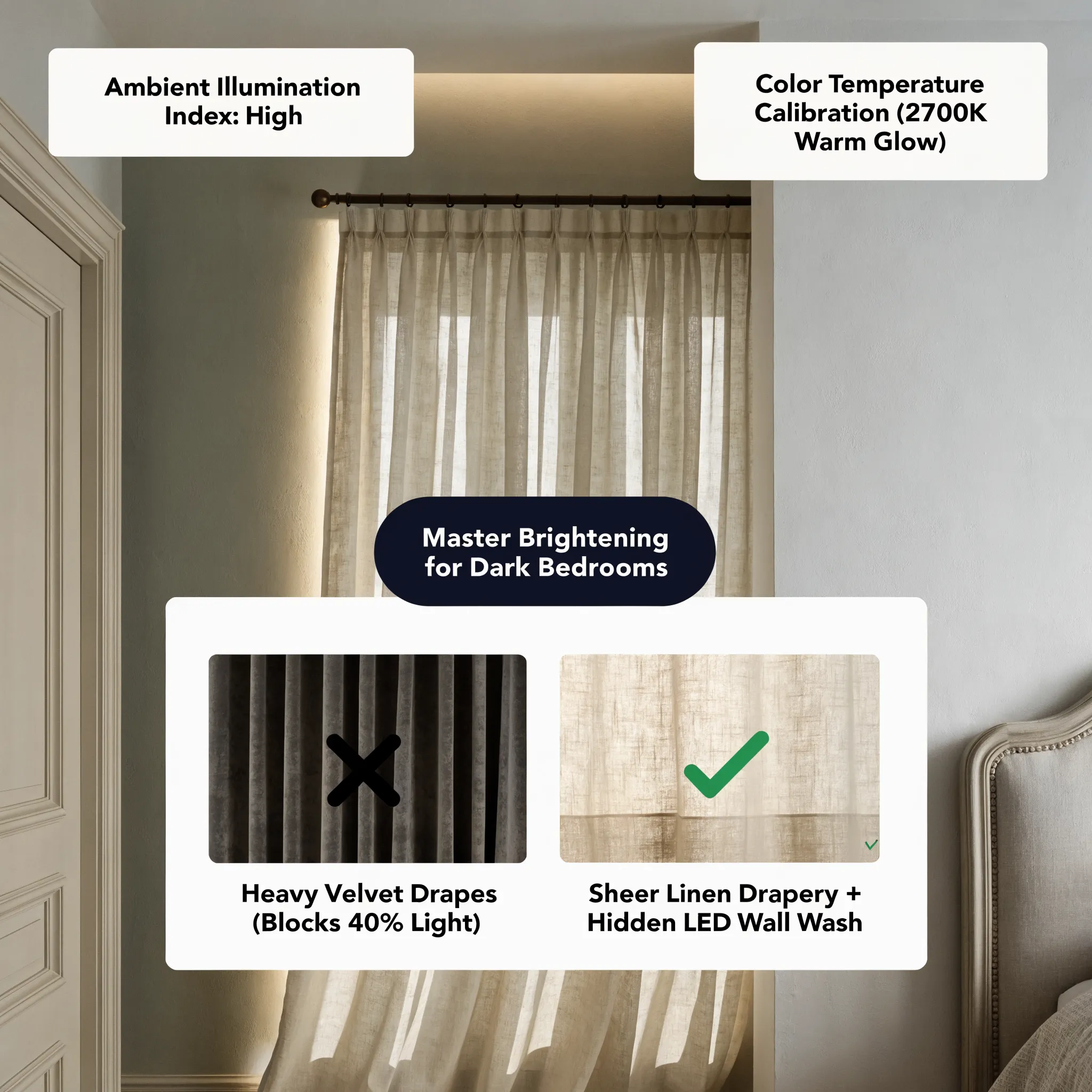 Sheer linen drapes mounted high and wide outside a bedroom window frame, allowing maximum daylight penetration while a hidden LED wall wash fixture adds warmth after sunset