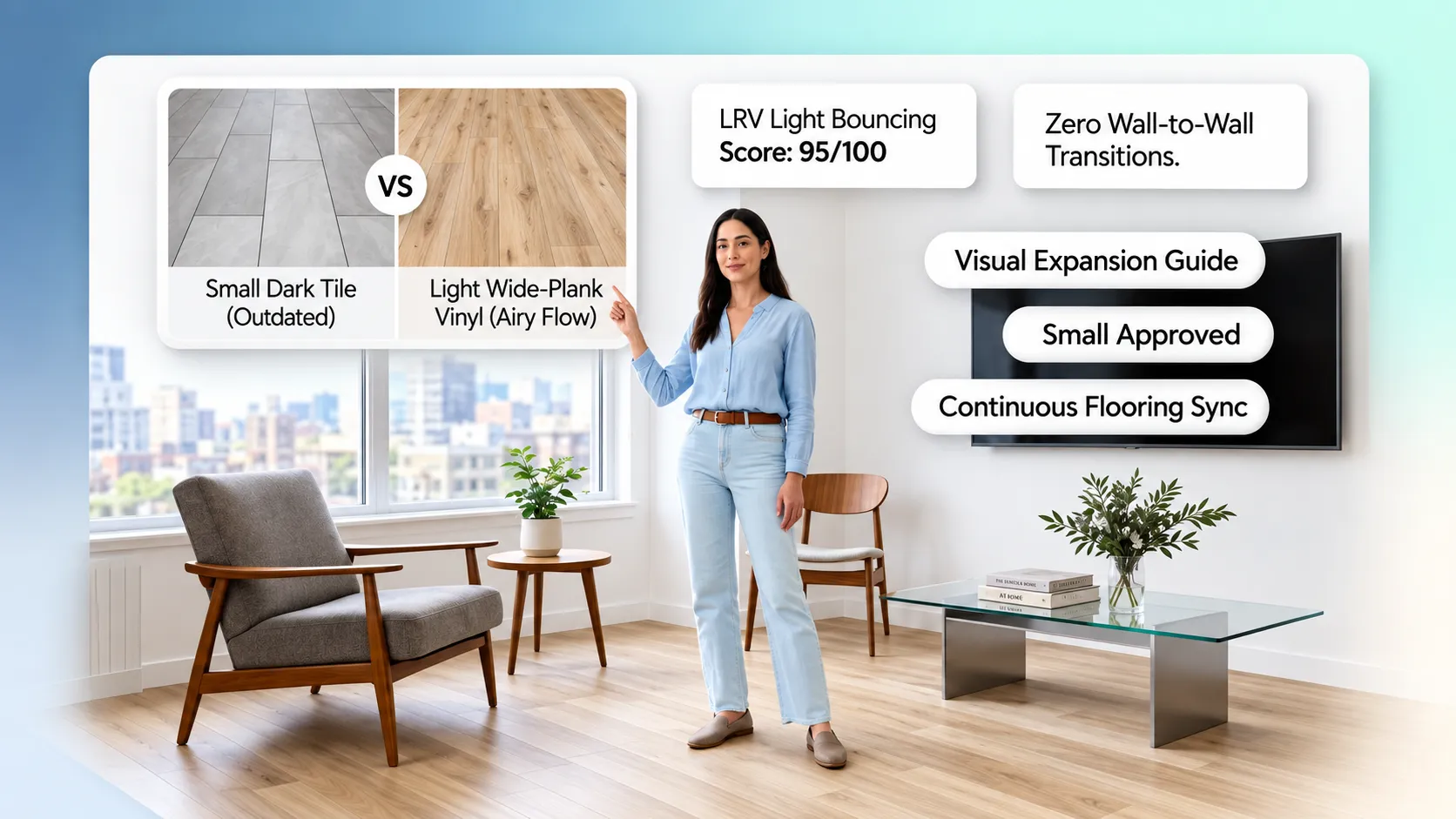 Small home flooring visual guide comparing light reflection and dark absorption