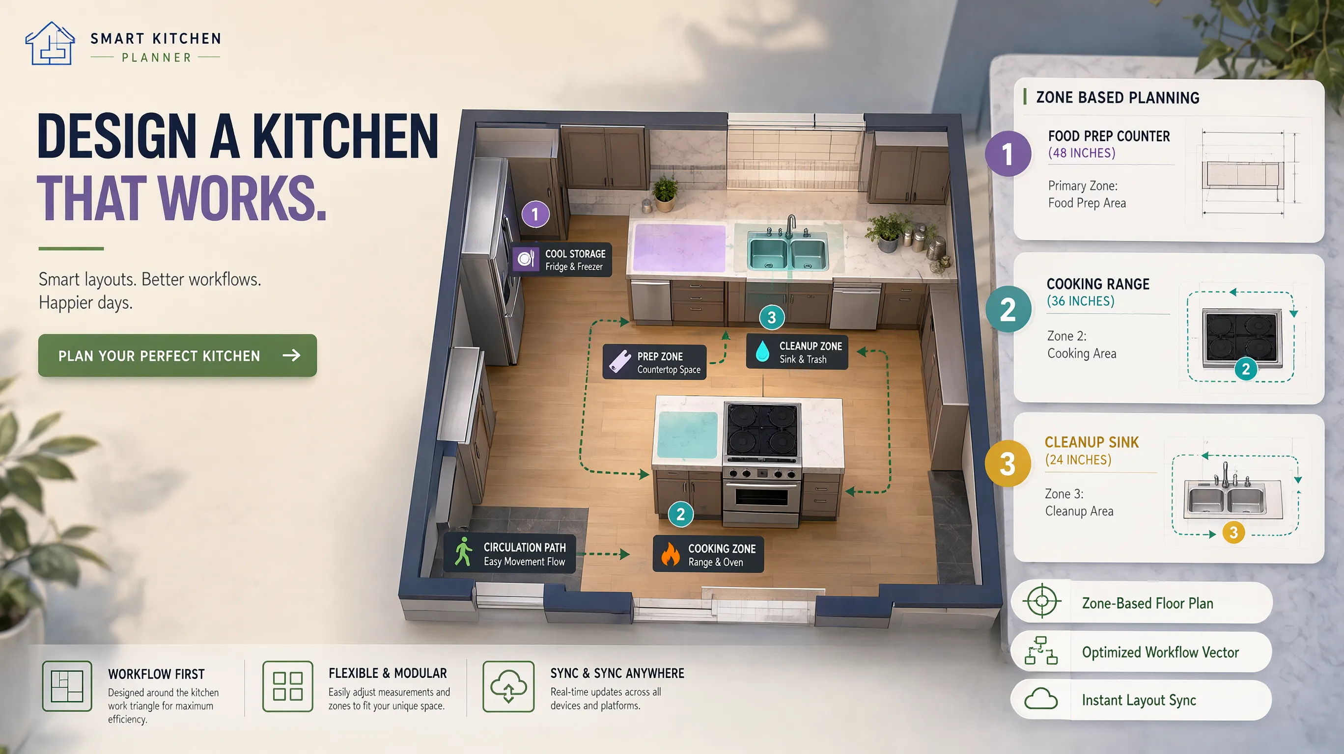 Digital family kitchen planner workflow showing measured baseboard boundaries, established 48-inch walkways, aligned point-of-use storage, and verified child safety features before trade execution