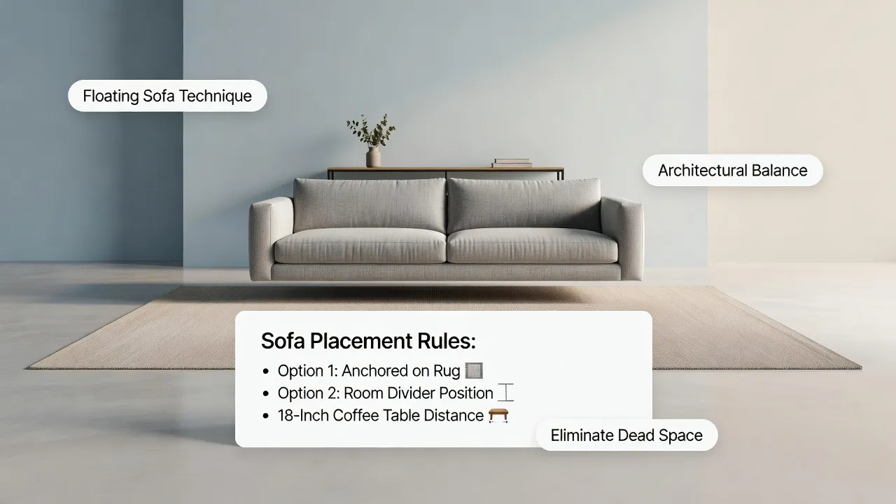 Proper sofa spacing and rug anchoring rules for living room furniture