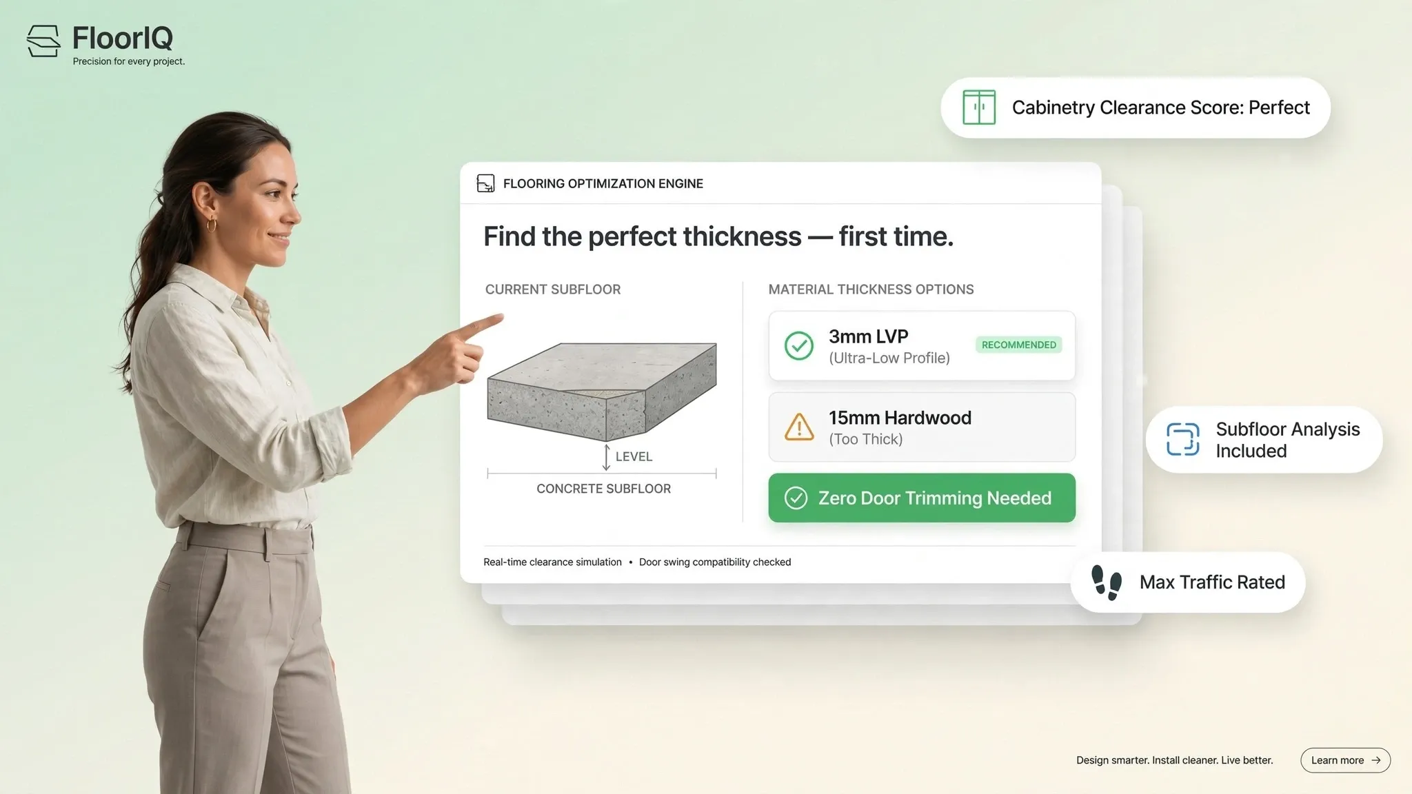 Subfloor flooring thickness tool evaluating wear layers for high traffic durability
