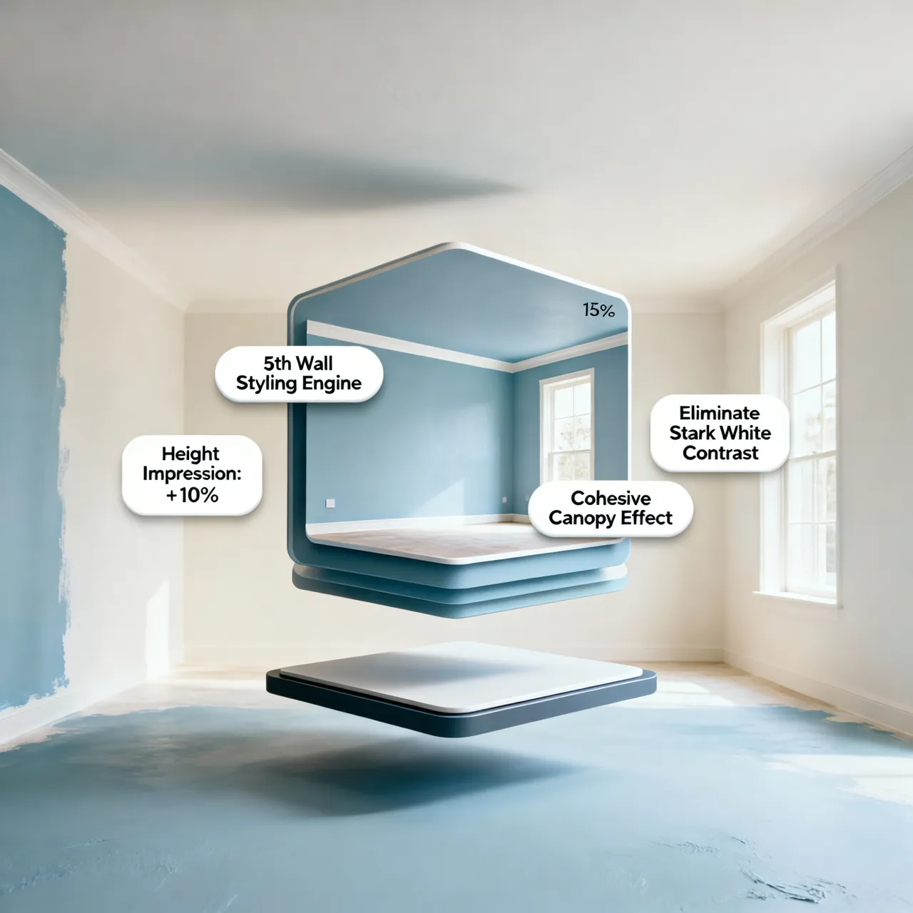 Designer stepping through a doorway frame interface displaying crisp white trim, tone-on-tone monochromatic, and dark charcoal high-contrast trim options.