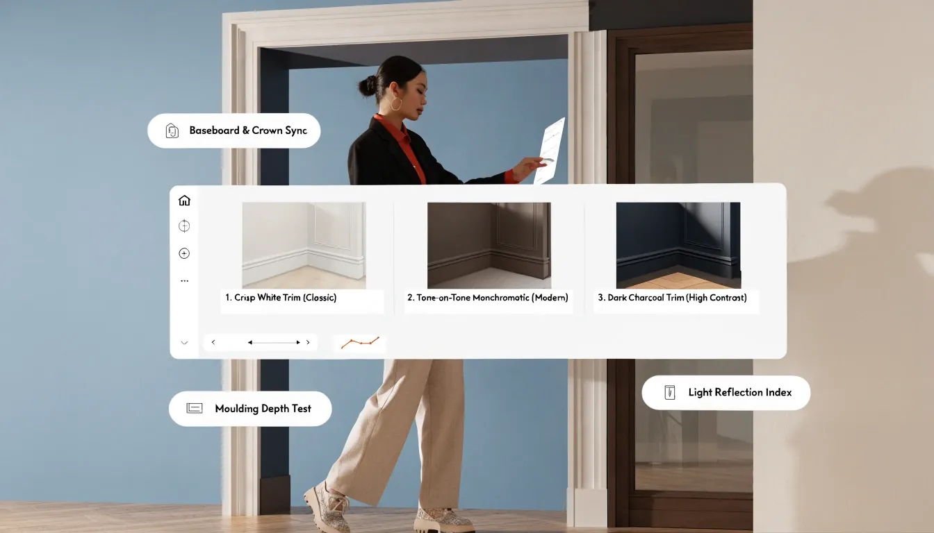 Interactive interior design app interface demonstrating real-time wall, trim, and ceiling color customization behind living room furniture.