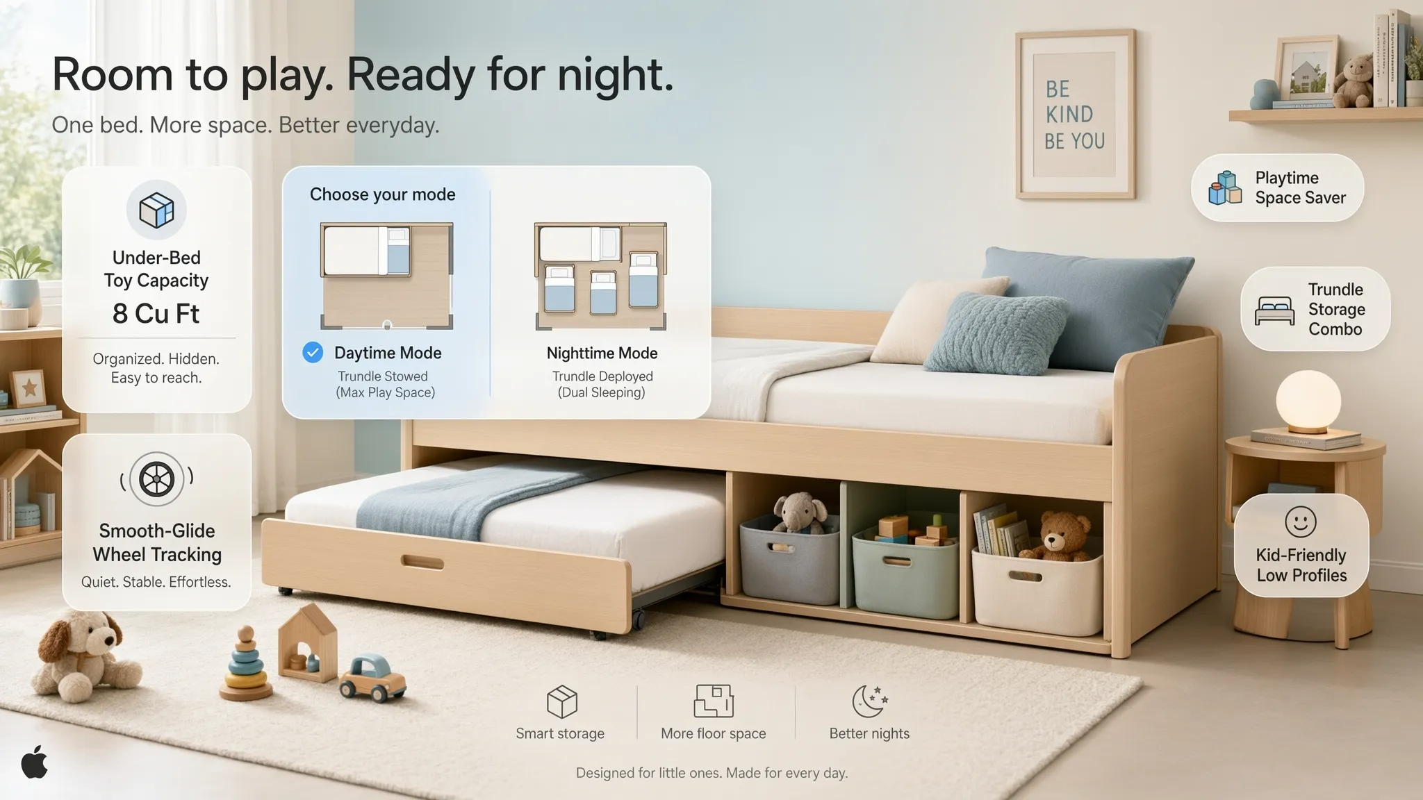 Trundle bed configuration comparison showing daytime and nighttime modes for shared rooms with limited floor footprint and standard ceiling heights