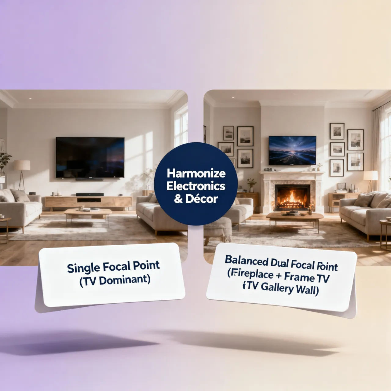 TV and fireplace focal point balancing media viewing and social seating arrangement