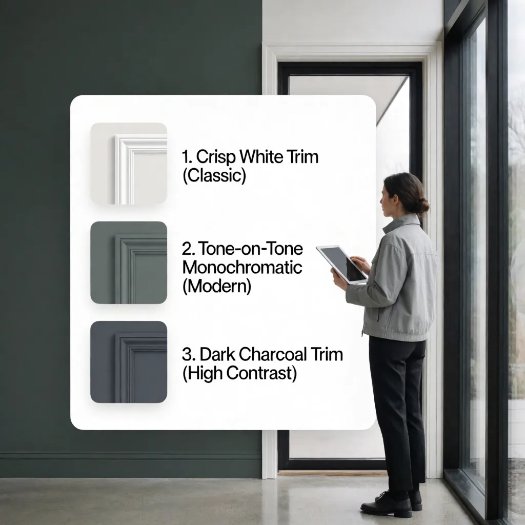 Modern interior showing a same-color wall and trim pairing with matte wall paint and semi-gloss trim finish for elevated depth.