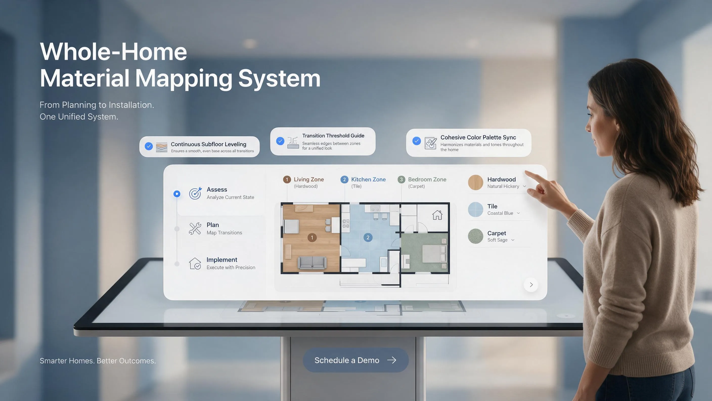 Whole home flooring material mapping system for planning multi-floor layouts