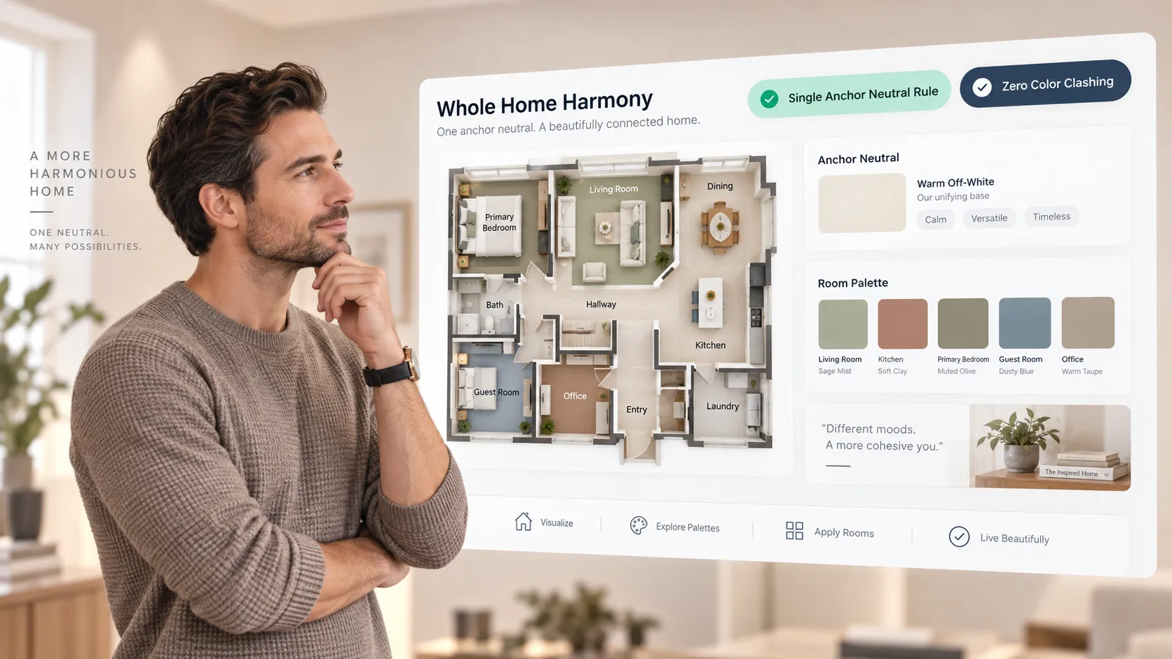 Whole home harmony palette using one color family across connected rooms