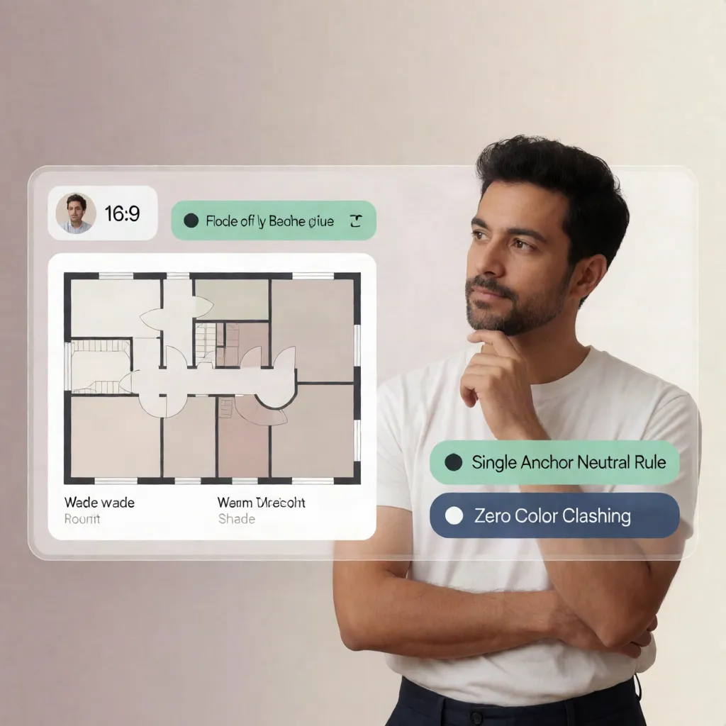 Whole house floor plan color palette rule coordinating paint with flooring and furniture