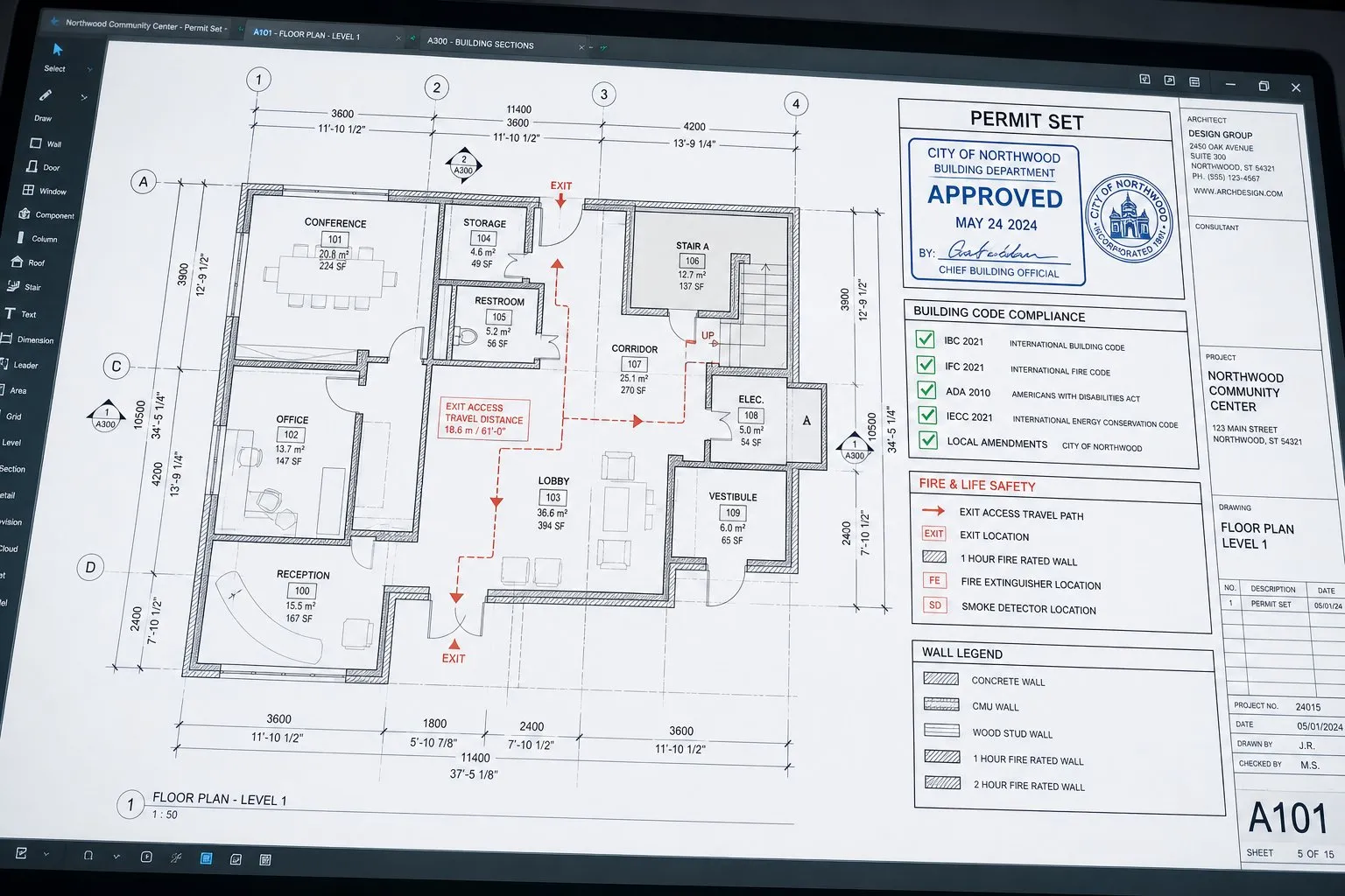 Building permit documents and architectural blueprints prepared for residential construction approval