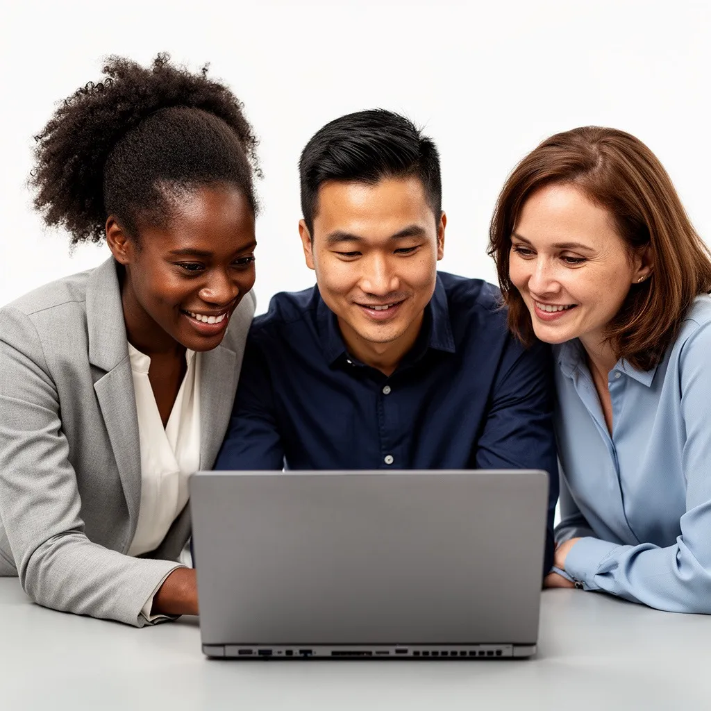 Three people working together on a laptop