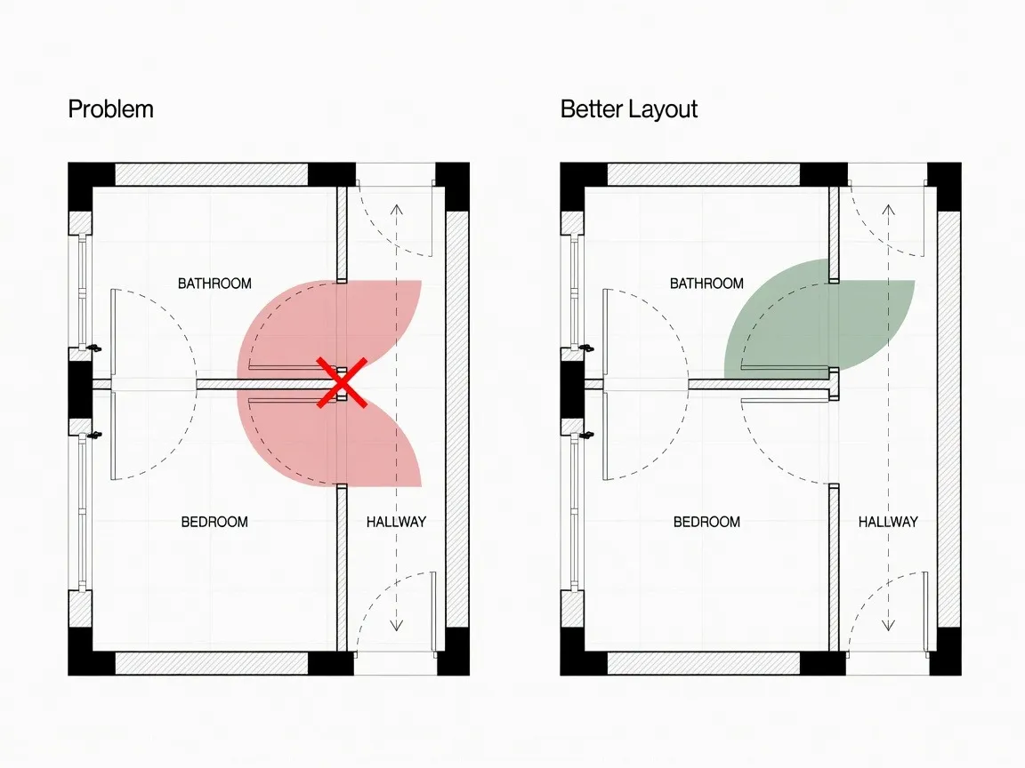Floor plan showing a door swing collision and a better layout to improve room access