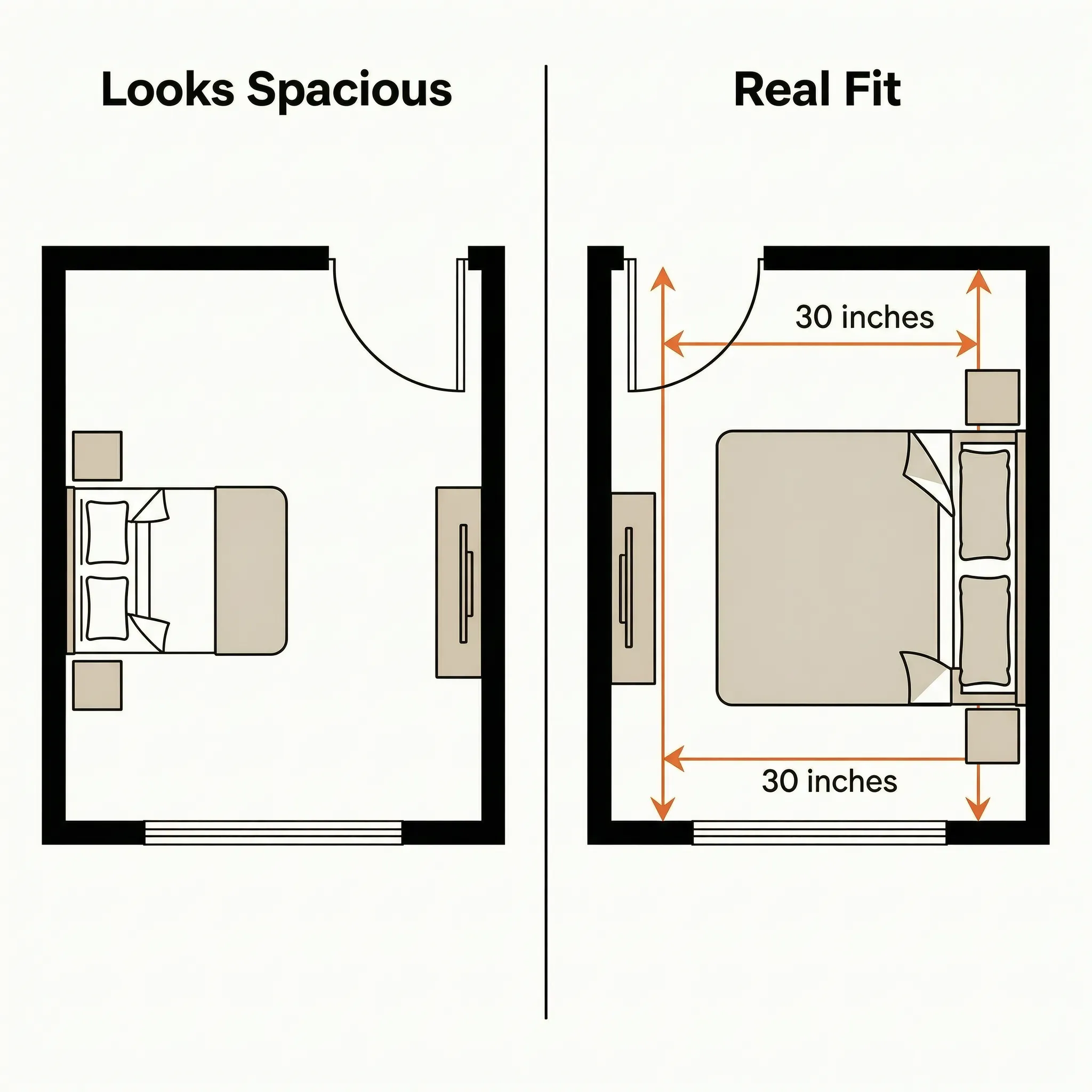 Floor plan showing realistic furniture clearance and space needed to move comfortably