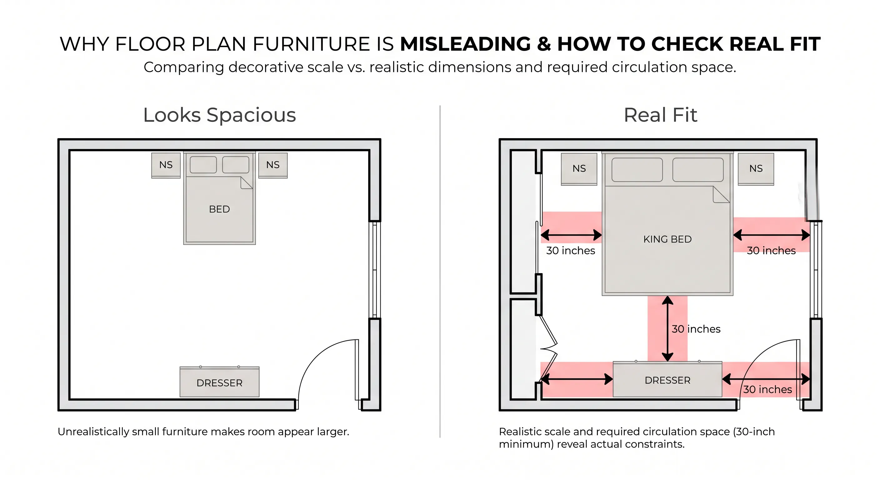 Floor plan comparison showing decorative furniture scale versus realistic furniture fit and clearance