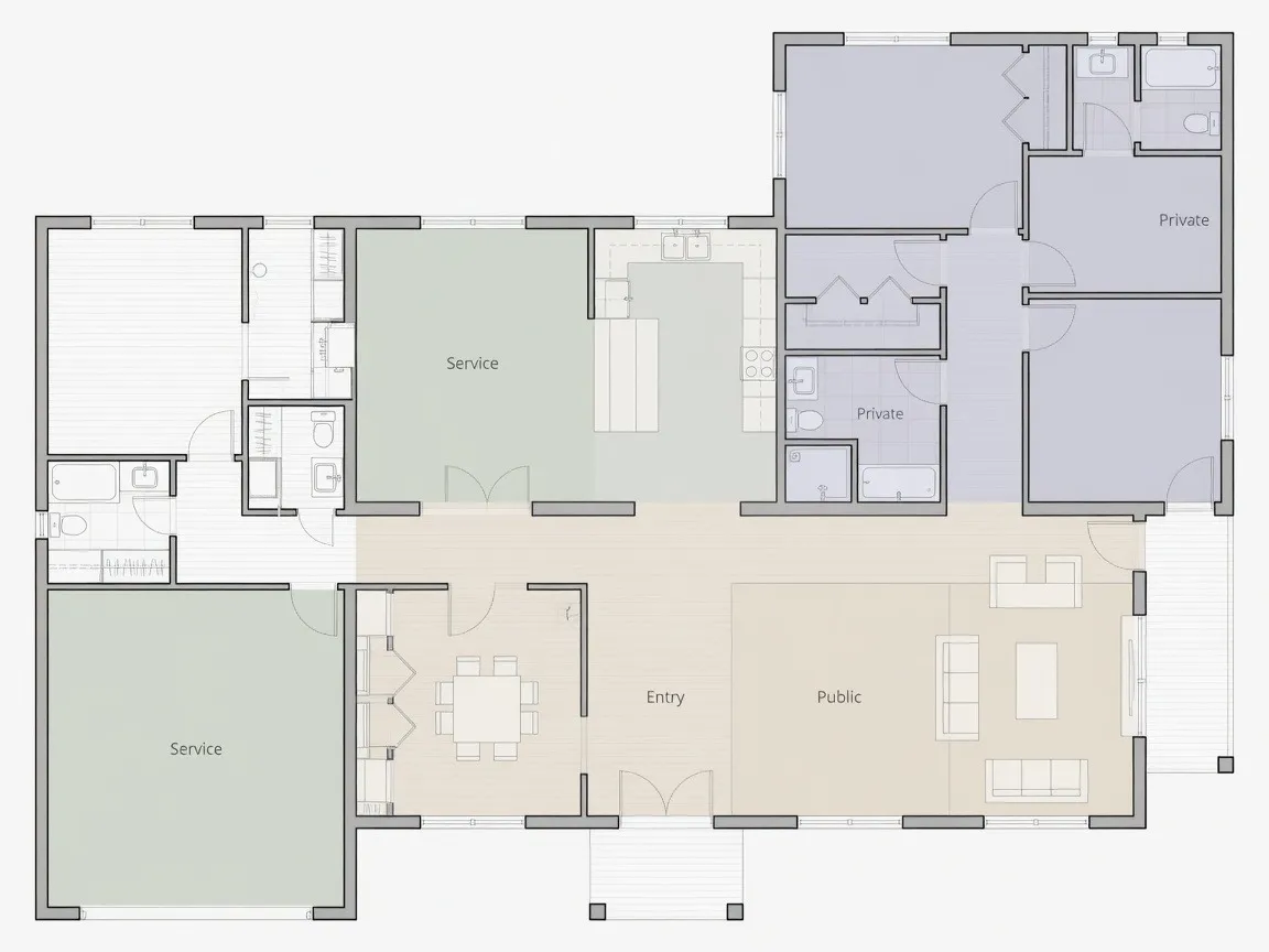 House floor plan showing public, private, and service zones and how rooms connect
