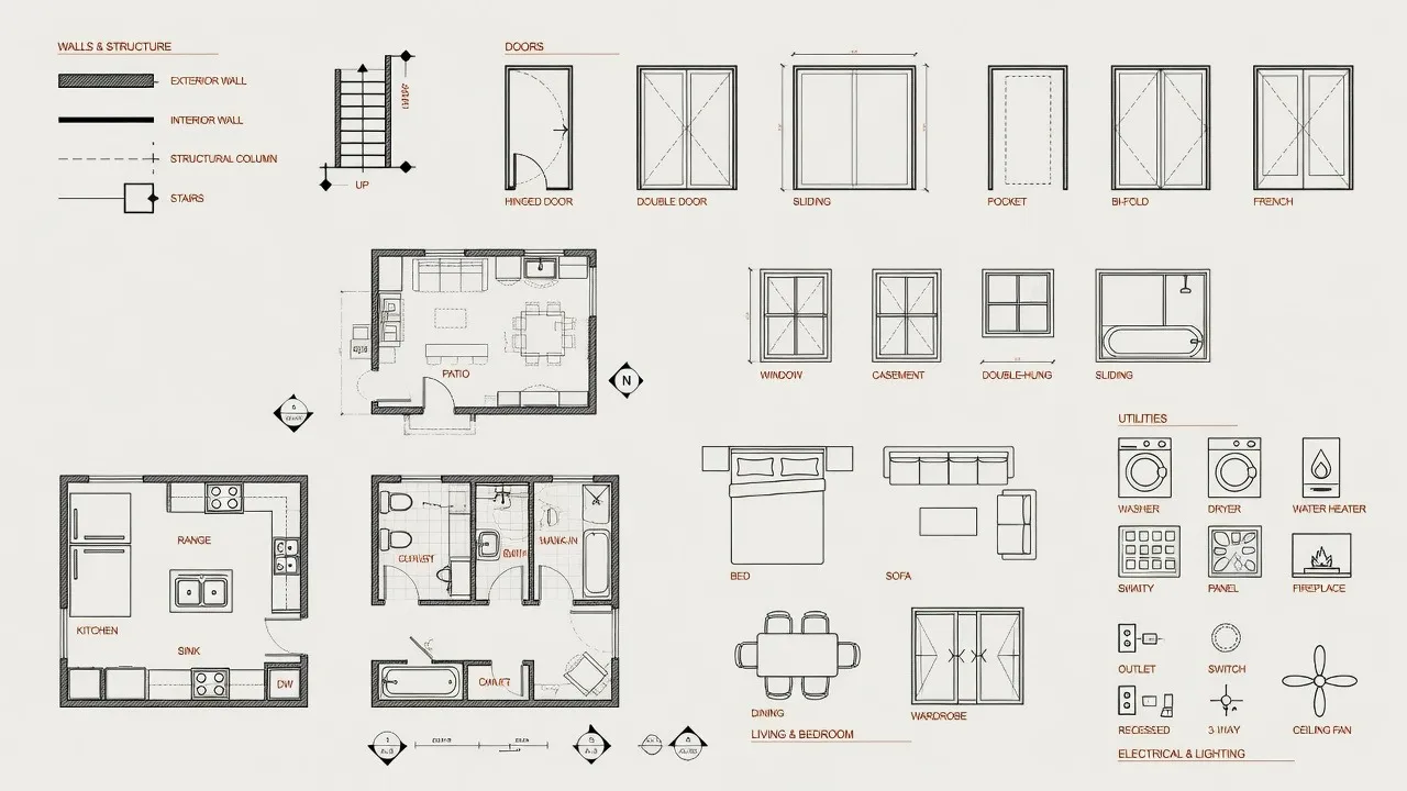 Quick reference guide to common floor plan symbols for walls, doors, windows, furniture, and appliances