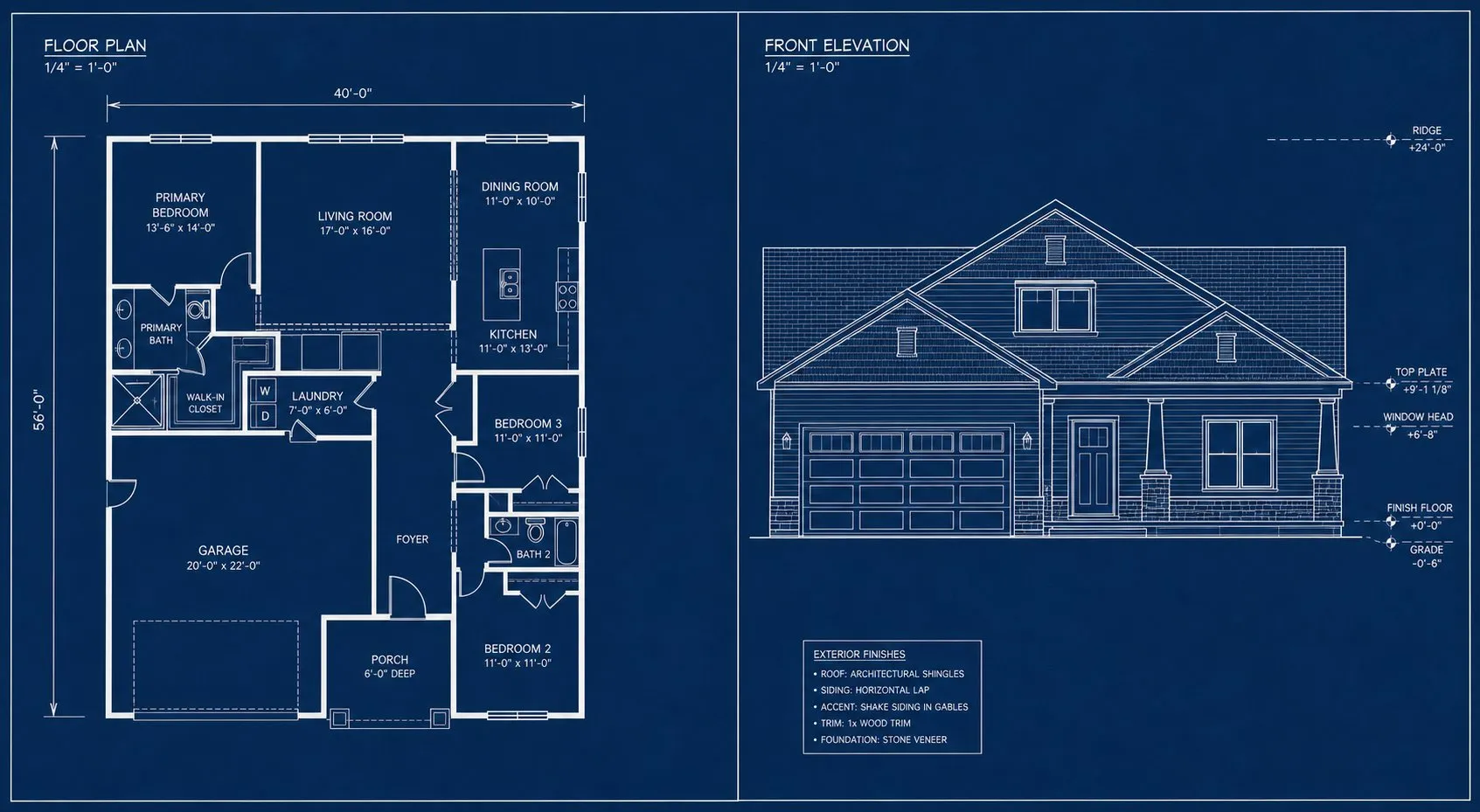 Comparison between an architectural floor plan and building elevation drawing for residential