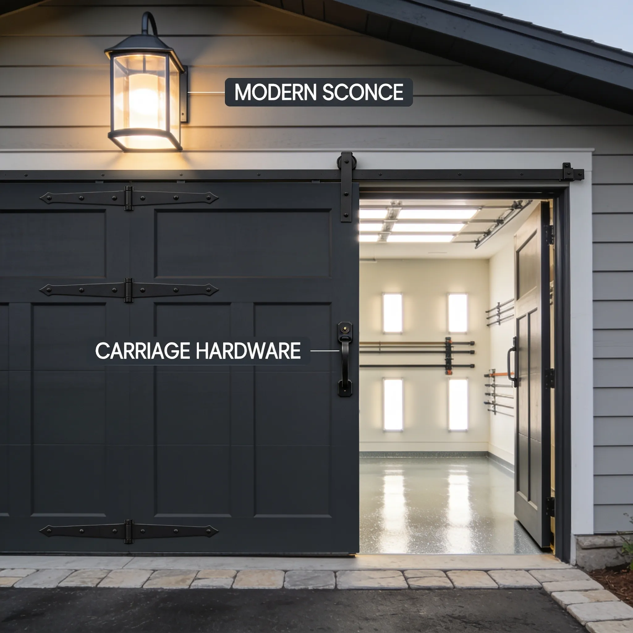 Dark gray sliding garage door with black carriage hardware and an overhead illuminated modern sconce leading to a clean interior.