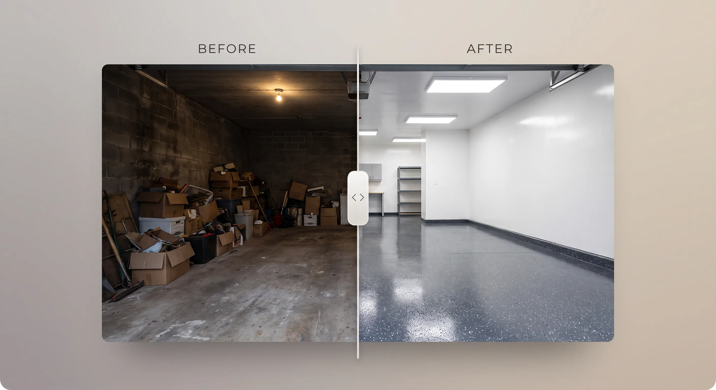 Split-screen view of a concrete block garage before and after applying light-reflecting white wall paint and a glossy epoxy floor coating.