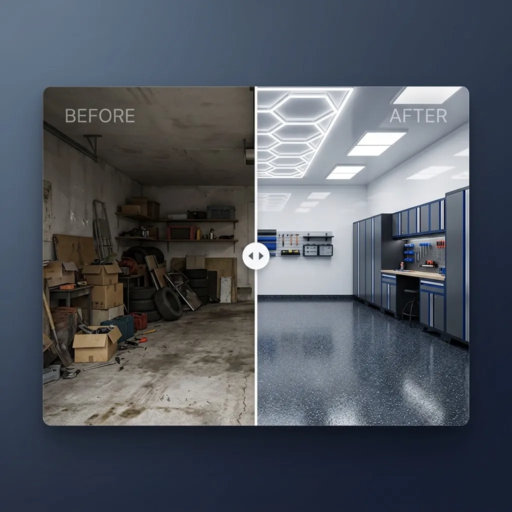 Interactive before and after comparison showing a dark cluttered garage transformed into a modern workshop with epoxy floors and LED lights.