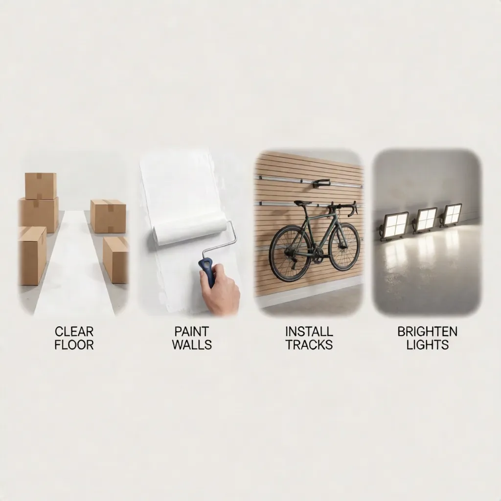 Four-panel process graphic demonstrating floor clearing, wall painting, slatwall track installation, and modern LED lighting upgrades.