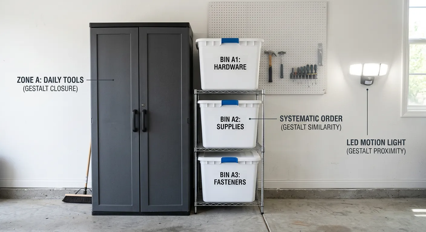 Organized garage storage corner featuring a dark gray cabinet for tools, stacked labeled plastic bins, and an illuminated motion-sensor light.