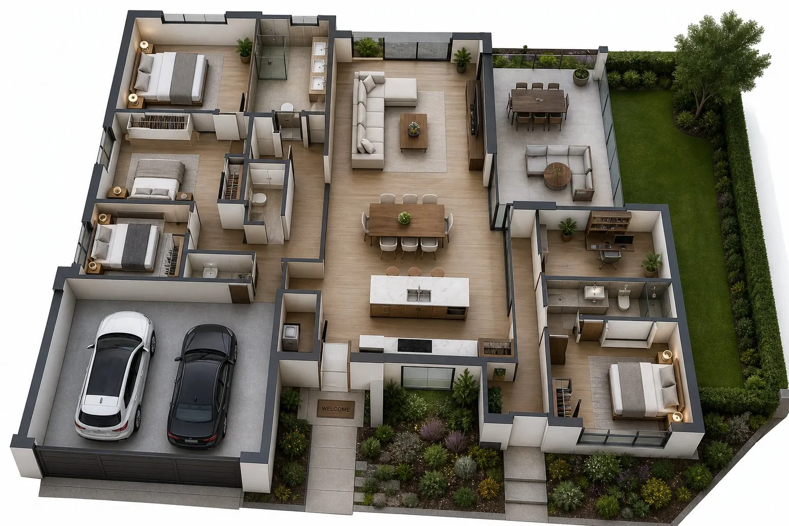 Modern 2D and 3D house floor plan with detailed room layouts and furniture placement