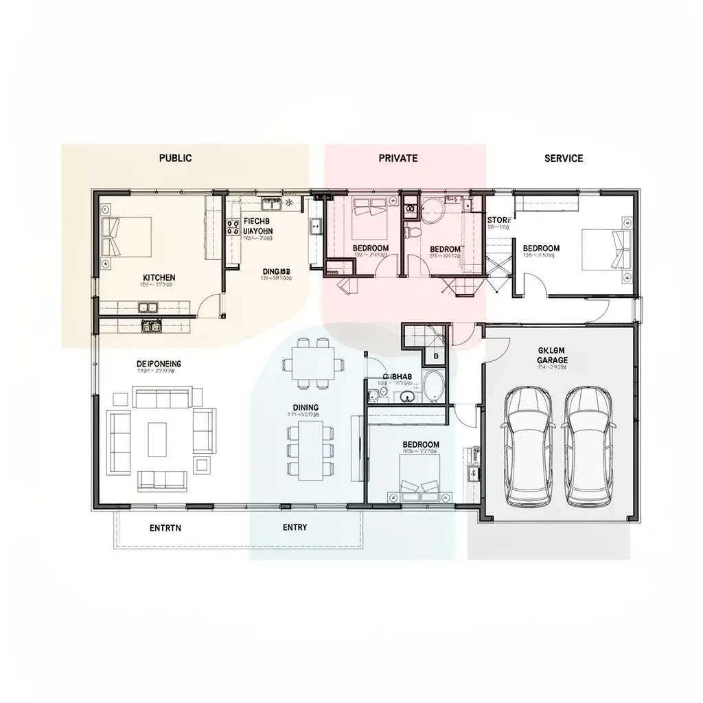 Home floor plan zoning example showing public, private, and service areas
