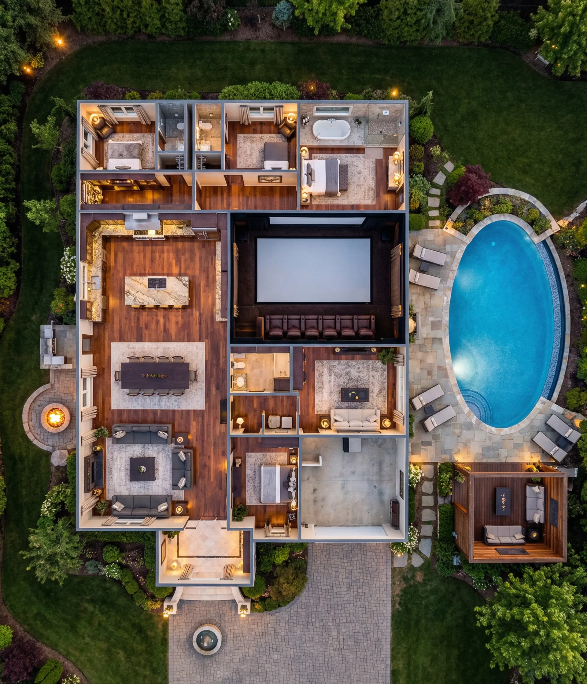 Luxury house floor plan with dedicated home theater and acoustic entertainment spaces