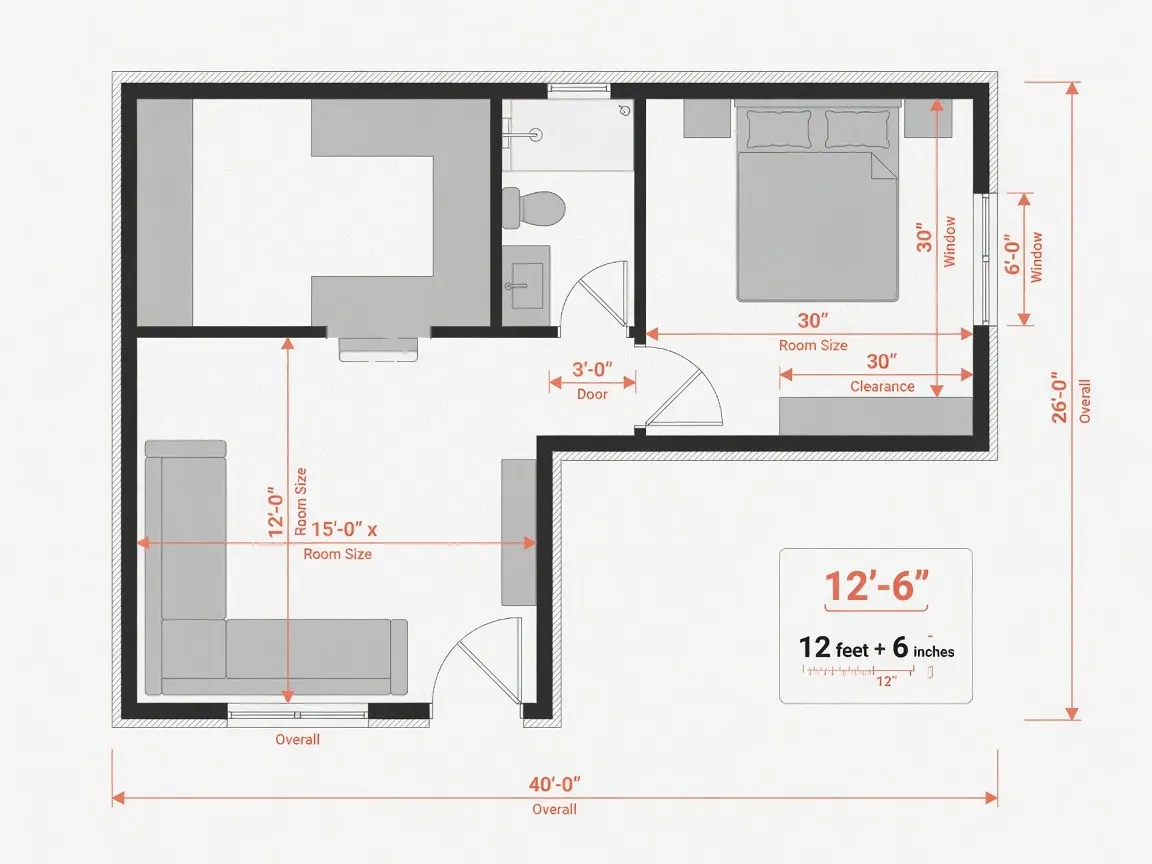 How to read floor plan dimensions including room sizes, overall measurements, door widths, and clearance