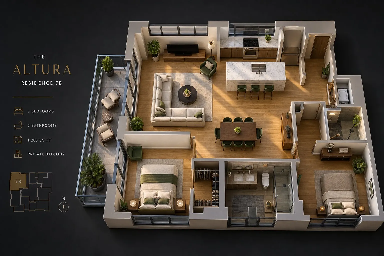 Real estate marketing dashboard displaying property listings, analytics, and promotional